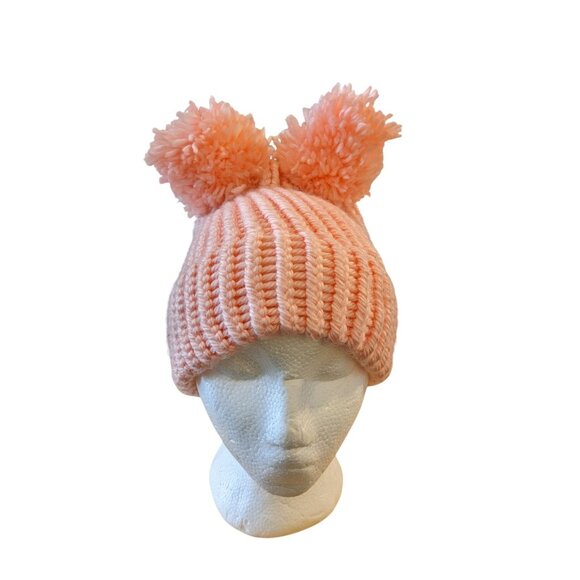 Womens Handmade Double Pom Pom Beanies Knit Pastel Pink Hat Winter Cold Weather - Picture 1 of 5